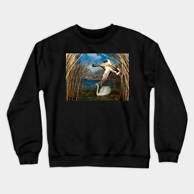 Natural environment diorama - a mallard and a swan in a pond Crewneck Sweatshirt by Reinvention